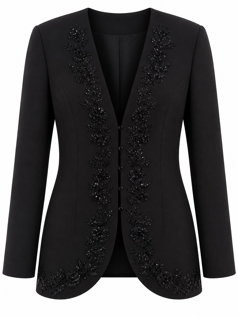 Oleg Cassini Black Beaded V-Neck Blazer